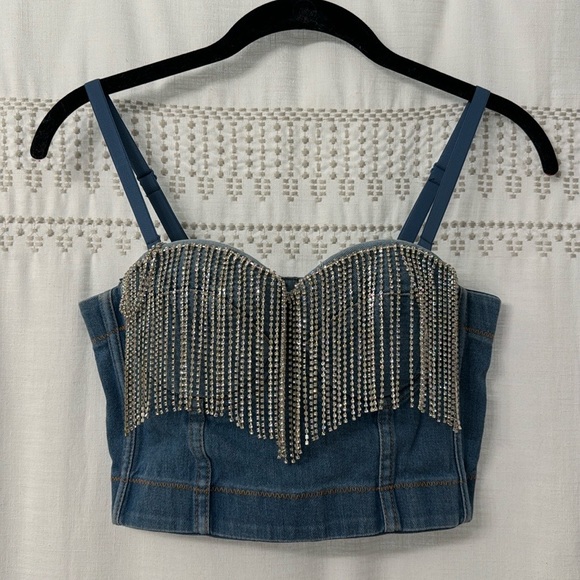 NWOT Tassel Rhinestone Denim Bustier Crop Top Jean Corset - size small - Picture 8 of 16